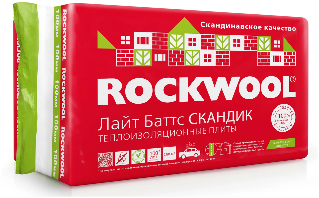 Rockwool(Роквул) Лайт Баттс Скандик 100мм (4.32м2, 0.432м3)