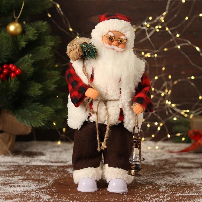 Дед Мороз "В клетчатом тулупе, с фонариком" двигается, ботинки светятся, 17х35 см - фото 1 - id-p183837075
