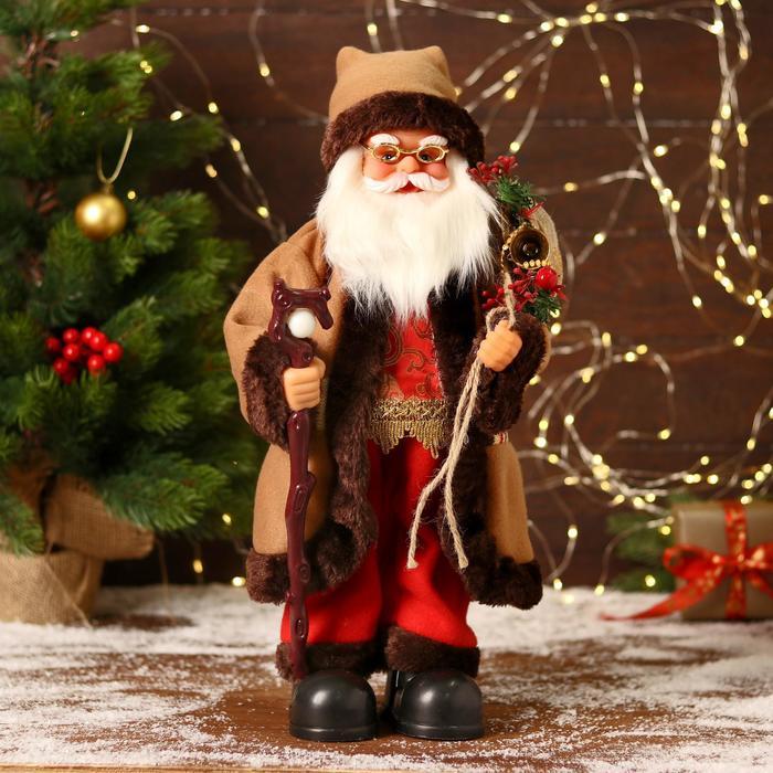 Дед Мороз "В коричневой шубке, с посохом" двигается, 20х40 см - фото 1 - id-p183837085