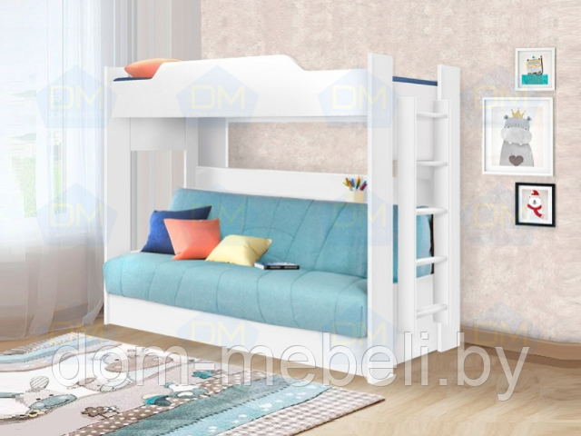 Двухъярусная кровать Белая с диваном (Боннель) +матрас №2| НОВИНКА!