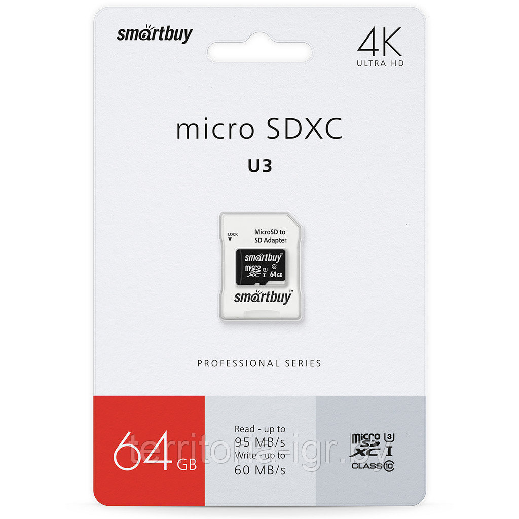 Карта памяти micro SDXC SB64GBSDCL10U3L-01 64GB class10 PRO (U3) с адаптером Smartbuy - фото 1 - id-p183909776