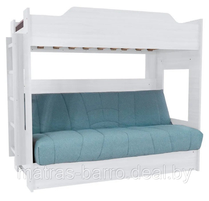 Двухъярусная кровать с диван-кроватью белая (ткань чехла бирюза)