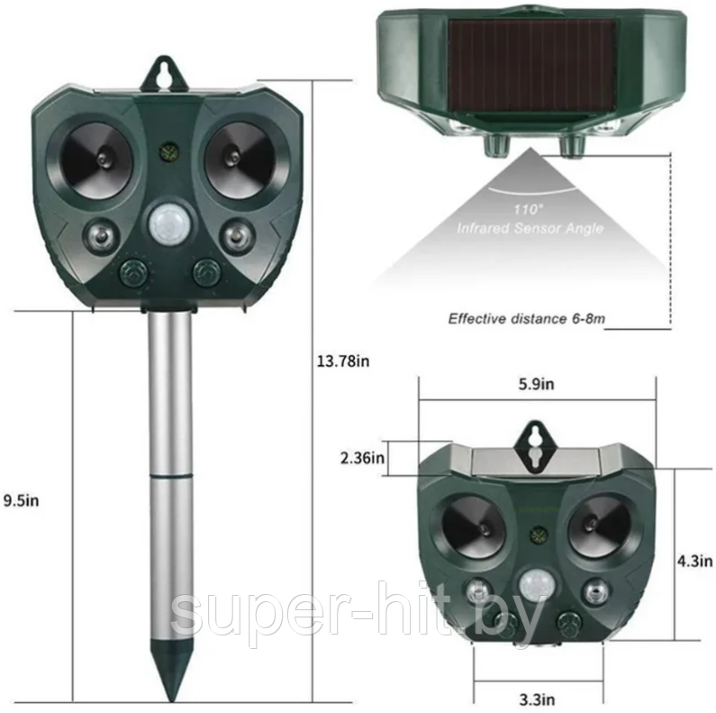 Ультразвуковой отпугиватель животных и птиц на солнечной энергии Solar Powered Ultrasonic Animal and Bird Repe - фото 4 - id-p183960950