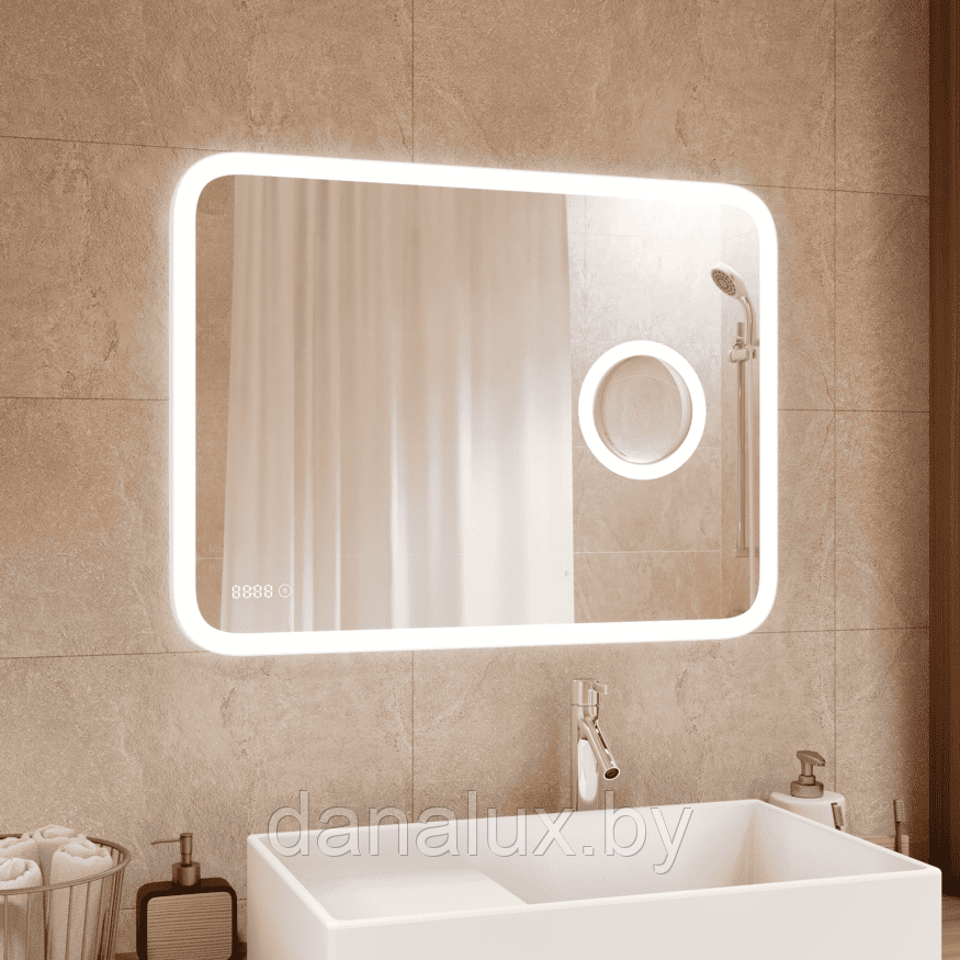Зеркало с подсветкой Континент Bliss LED 90х70 с увеличительным зеркалом и часами