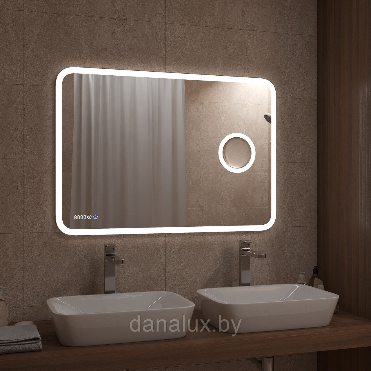 Зеркало с подсветкой Континент Bliss LED 120х80 с увеличительным зеркалом и часами - фото 2 - id-p183974467