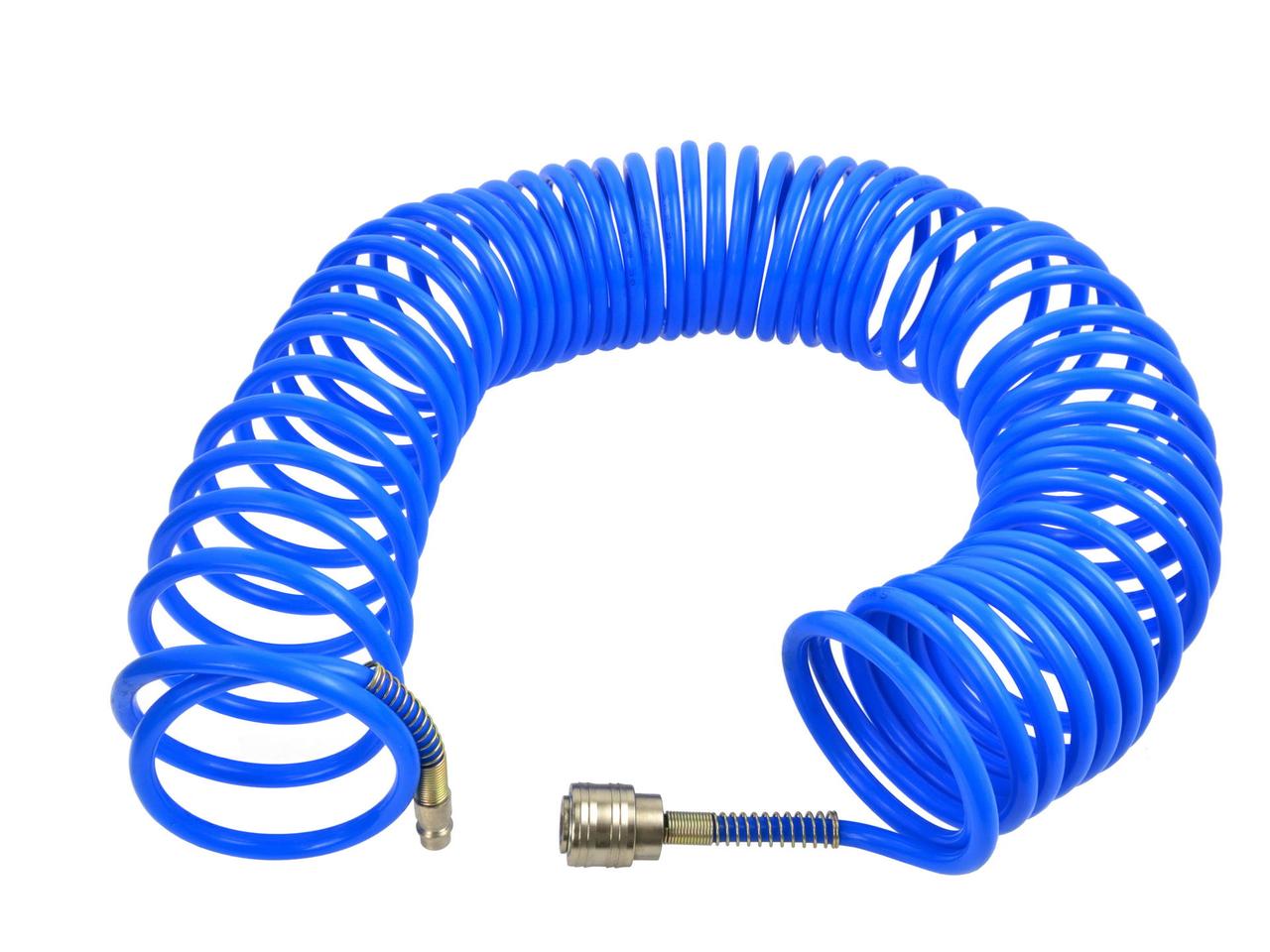 G01103 Шланг полиуретановый спиральный 5мм х 8мм х 15м с быстросъемными соединениями 1/4", 7 бар, голубой