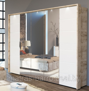 Шкаф пятидверный распашной Джулия с зеркалами (ДЗЗЗД) и порталом (крафт серый/белый глянец)