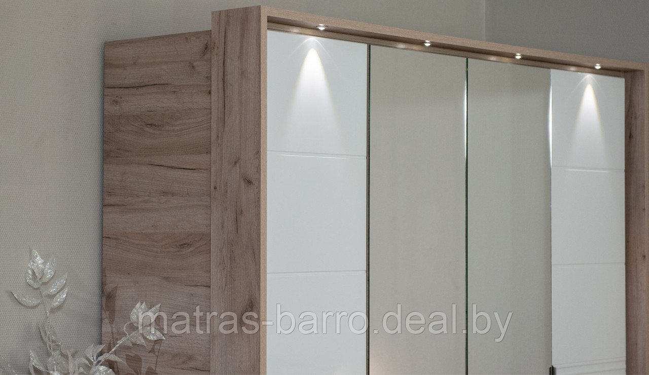 Шкаф пятидверный распашной Джулия с зеркалами (ДЗЗЗД) и порталом (крафт серый/белый глянец) - фото 2 - id-p154273863