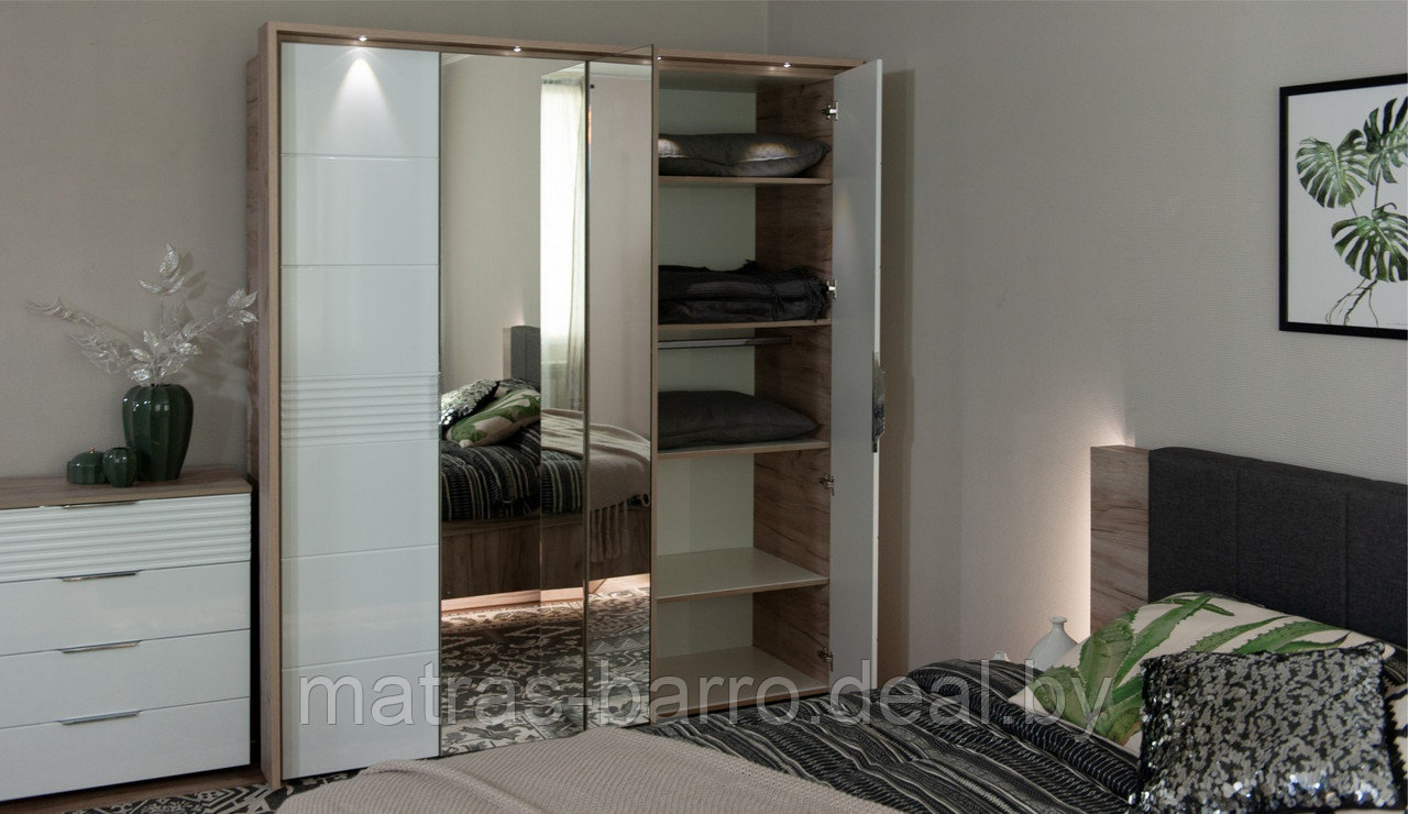 Шкаф пятидверный распашной Джулия с зеркалами (ДЗЗЗД) и порталом (крафт серый/белый глянец) - фото 3 - id-p154273863