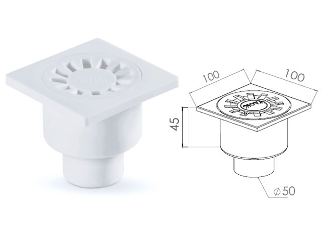 Сливной трап вертикальный D 50 решетка пласт. 100х100 мм, NOVA