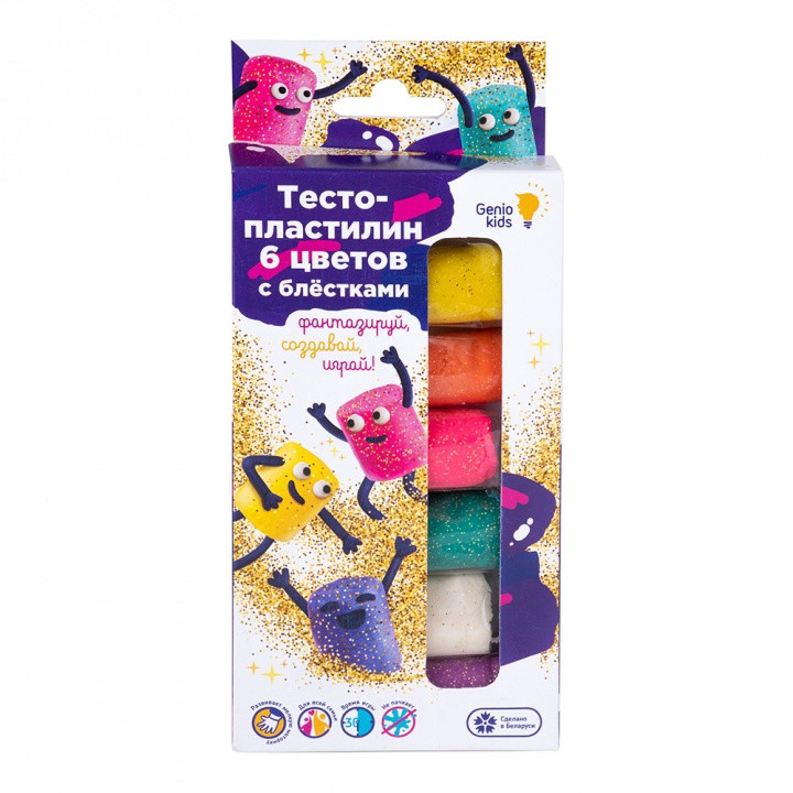 Тесто-пластилин Genio Kids Набор с блестками 6 цветов, 180 гр, арт. TA1091