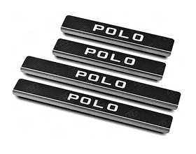 Накладки RusStal на пороги (лист нерж., карбон, надпись) для Volkswagen Polo VI 2020-2022. Артикул VWPOL20-06