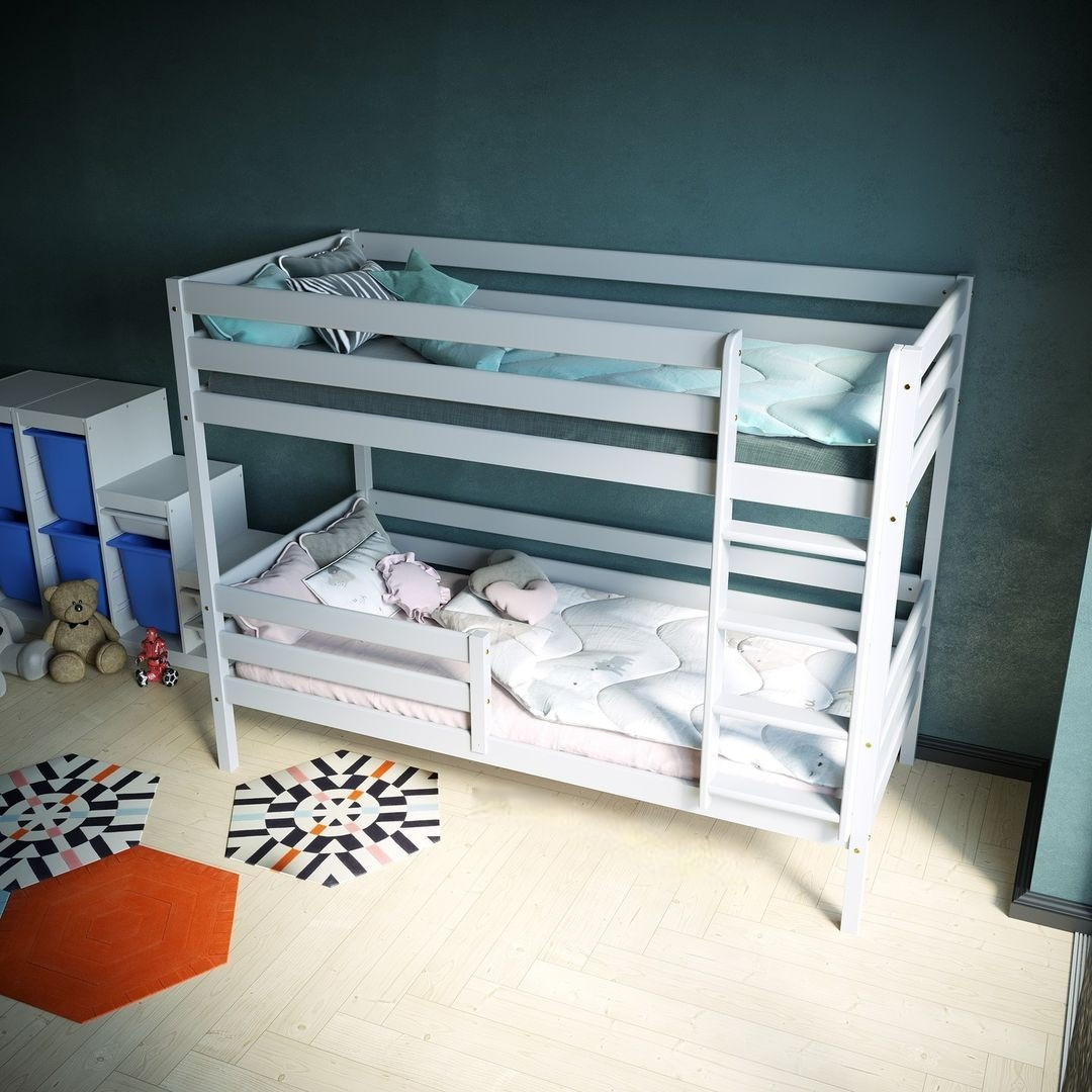 Двухъярусная детская (подростковая) кровать c бортиком и лестницей Альф maxi (белая) - фото 2 - id-p184286364