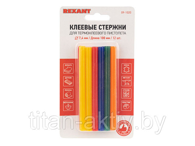 Клеевые стержни d=7,4 мм, L=100 мм, цветные (упак. 12 шт.) (блистер) REXANT