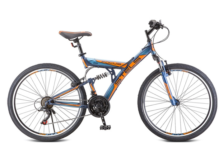 Двухподвесный велосипед Stels Focus 26" V 18 sp V030 темно-синий/оранжевый - фото 1 - id-p184463101