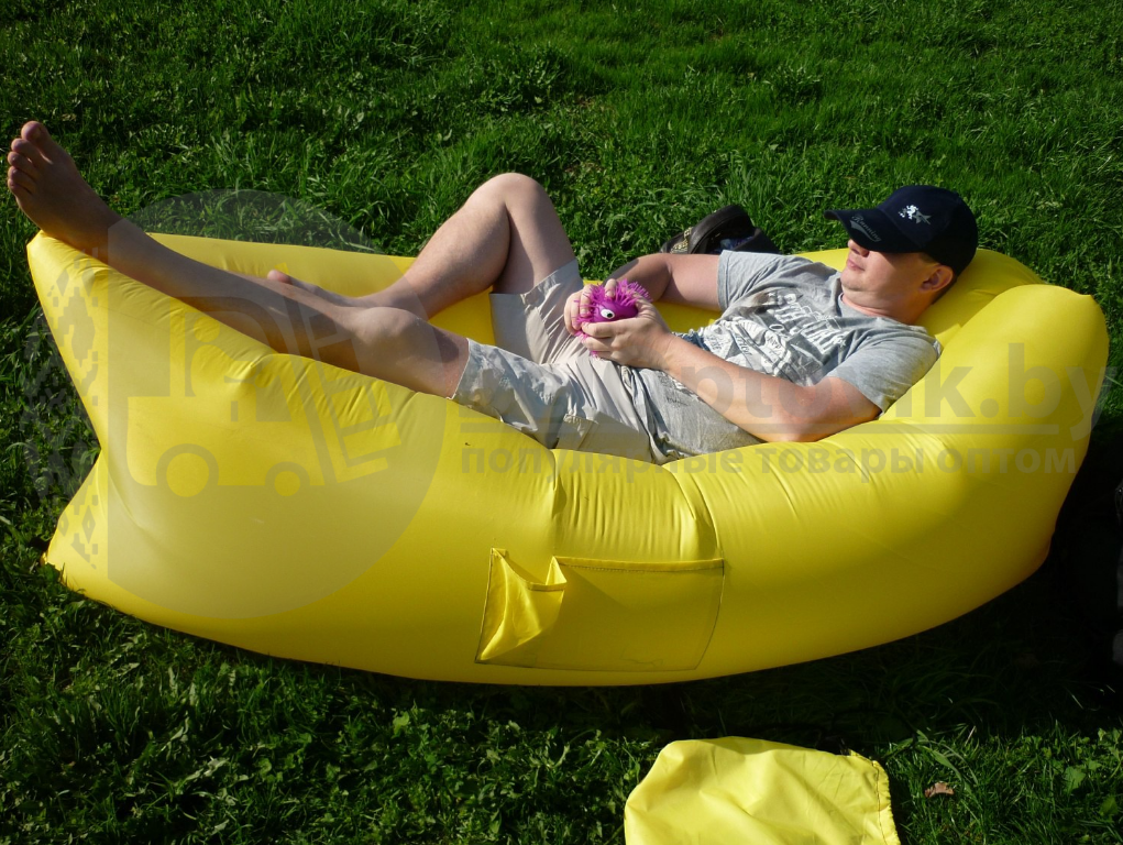 Надувной диван (Ламзак) XL 215 х 80 см. с двумя кармашками / Надувной шезлонг-лежак с сумкой и карманами Синий - фото 6 - id-p132032641