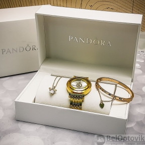 Комплект Pandora (Часы, кулон, браслет) Золото с белым циферблатом