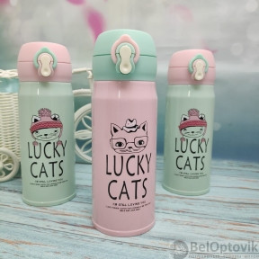 Термокружка LUCKY Cats, 350 мл Розовый с мятной крышечкой