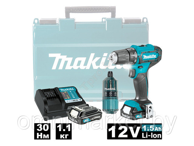 Аккум. дрель-шуруповерт MAKITA DF 333 DWYE в чем. + набор бит (12.0 В, 2 акк., 1.5 А/ч Li-Ion, 2 скор., 30 Нм,