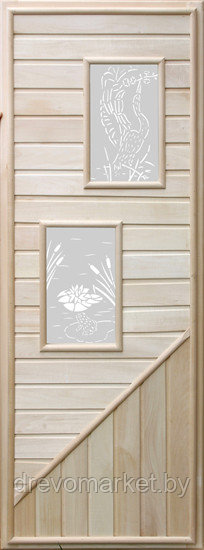 Дверь для бани и сауны деревянная 750*1850 2 стекла прямоугольн, коробка липа