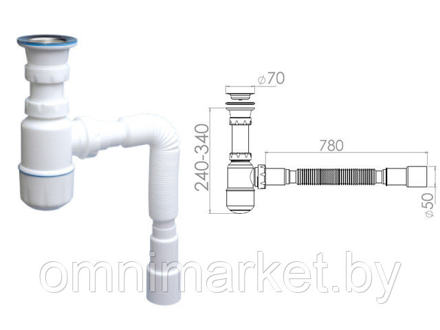 Сифон для умывальника с прикручивающимся выпуском 70мм , с гибкой трубой 1 1/2" - 40/50мм, NOVA - фото 1 - id-p184751954