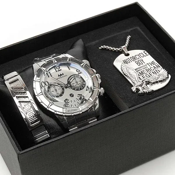 Эксклюзивный мужской подарочный набор  3в1 (часы, кулон на цепочке,браслет) в коробке