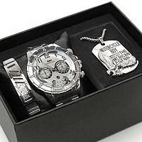 Мужской подарочный набор  3в1 (часы, кулон на цепочке,браслет) в коробке