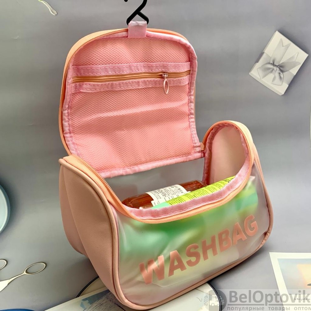 Прозрачная дорожная косметичка Washbag для путешествий с ручкой Нежно розовая - фото 5 - id-p184797420