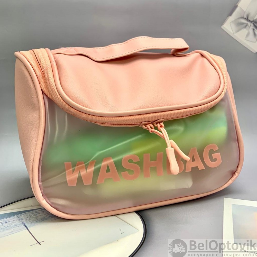 Прозрачная дорожная косметичка Washbag для путешествий с ручкой Нежно розовая - фото 6 - id-p184797420