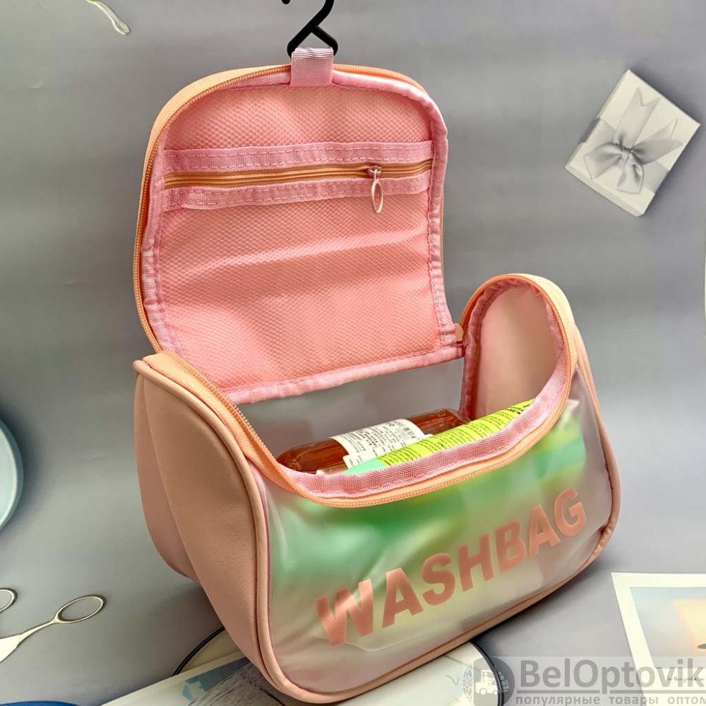 Прозрачная дорожная косметичка Washbag для путешествий с ручкой Нежно розовая - фото 5 - id-p184797577