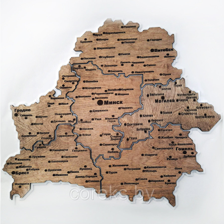 Деревянная карта Беларуси на подложке из оргстекла (области) №9 (размер 63*55 см) - фото 1 - id-p140256826