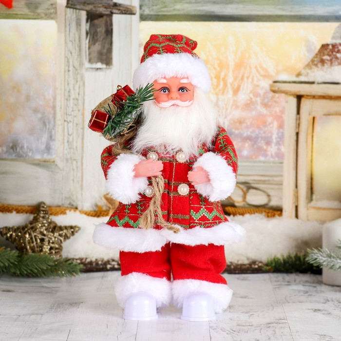 Дед Мороз "Клетчатый колпак с подарками" двигается, с подсветкой, 28 см - фото 1 - id-p184880008