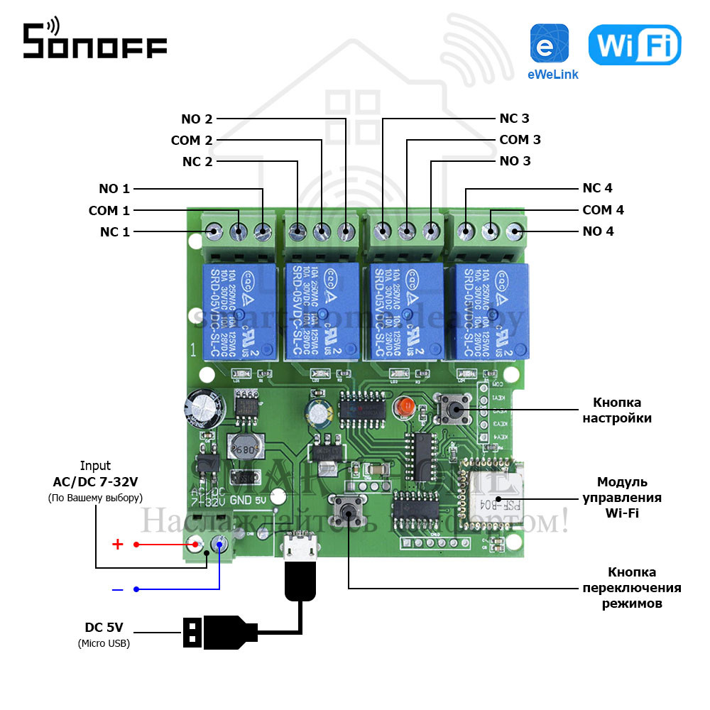 Sonoff DC 4CH (DC 7-32V) (умный Wi-Fi модуль с 4 реле) - фото 8 - id-p184992849