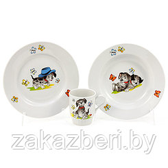 Набор посуды фарфоровый "Озорные щенки" 3 предмета: кружка 210мл, тарелка мелкая д200мм, тарелка глубокая