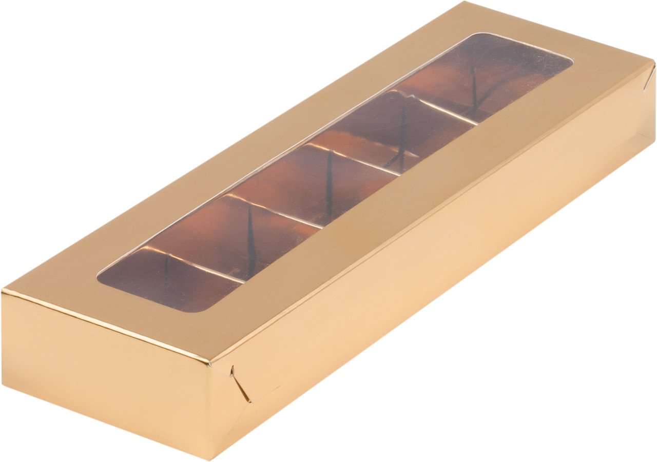Коробка для 5 конфет с вклееным окном Золотая, 235х70х h30 мм - фото 1 - id-p117755853