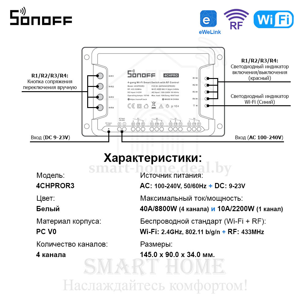 Sonoff 4CH PRO R3 (умный Wi-Fi + RF модуль с 4 реле) - фото 10 - id-p185084162