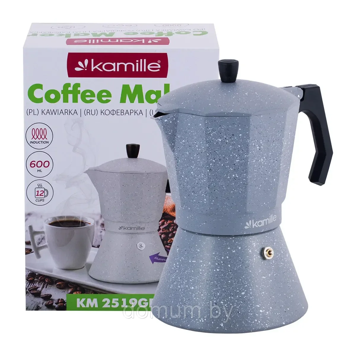 Гейзерная кофеварка Kamille Серый Мрамор 600мл из алюминия с широким индукционным дном KM-2519GR - фото 3 - id-p185170188
