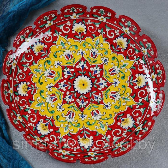 Ляган Риштанская Керамика "Цветы", 31 см, красный, рифлённый - фото 2 - id-p185176790