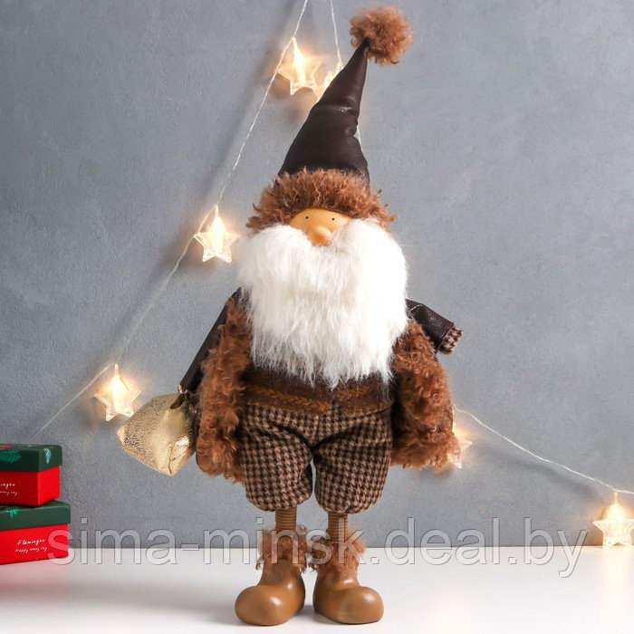 Кукла интерьерная "Дед Мороз в коричневой шубке с мешком подарков" 27х14х62 см - фото 1 - id-p185176670