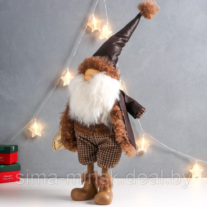 Кукла интерьерная "Дед Мороз в коричневой шубке с мешком подарков" 27х14х62 см - фото 3 - id-p185176670