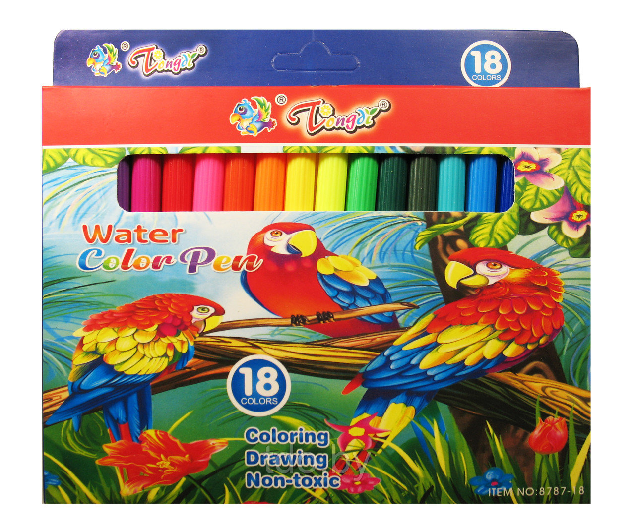 Набор фломастеров 18 цветов, цветной корпус, карт. упаковка с европодвесом, рисунок Попугаи - фото 1 - id-p185195116