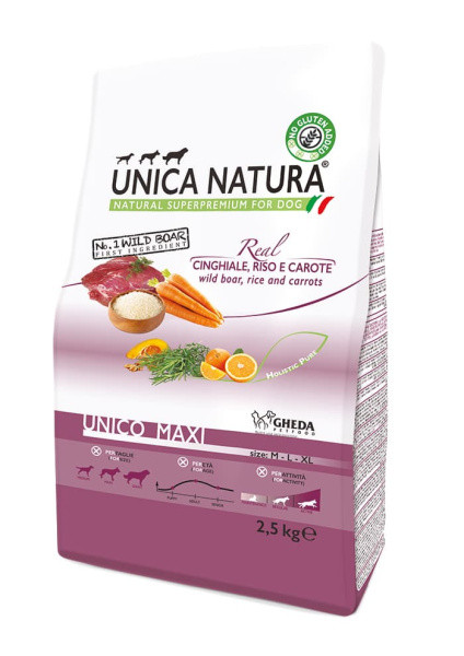 Сухой корм для собак Unica Natura Unico Maxi (Дикий кабан, рис, морковь) 2.5 кг - фото 1 - id-p185196702