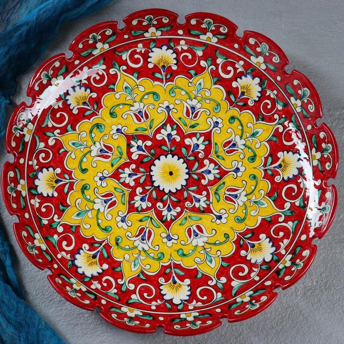 Ляган Риштанская Керамика "Цветы", 31 см, красный, рифлённый - фото 2 - id-p185198443