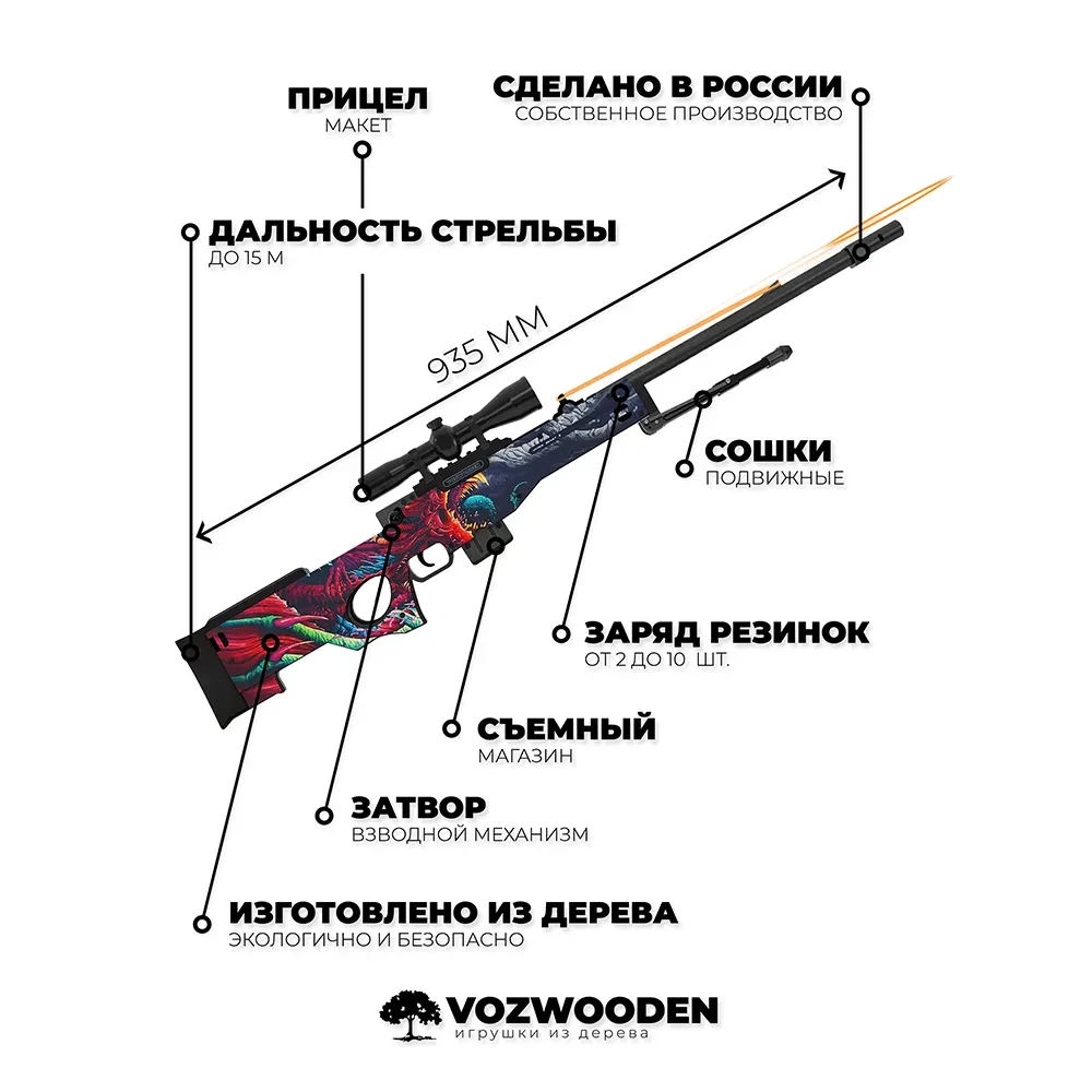 Деревянная снайперская винтовка VozWooden Active AWP Скоростной Зверь (резинкострел) - фото 3 - id-p185207172