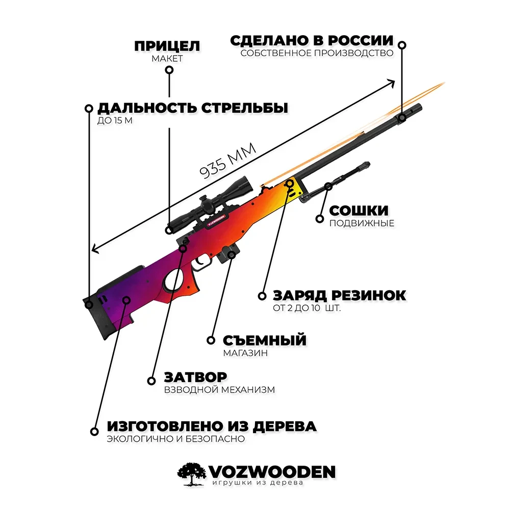 Деревянная снайперская винтовка VozWooden Active AWP Градиент (резинкострел) - фото 4 - id-p185208754