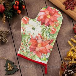 Варежка-прихватка Christmas red flowers 20х28см, саржа, 100% хлопок, ватин 250г/м2