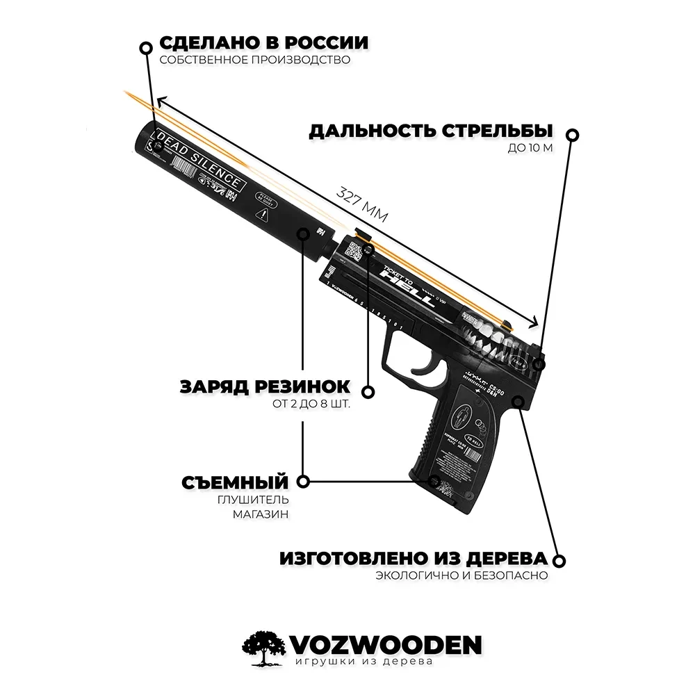 Деревянный пистолет VozWooden Active USP-S Билет в Ад (резинкострел) - фото 2 - id-p185308651