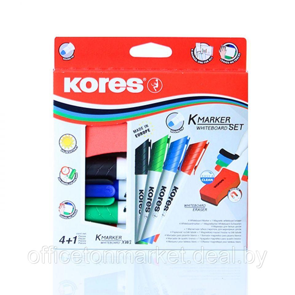 Набор маркеров для доски "Kores", 4 шт, с щеткой, ассорти - фото 1 - id-p138430916