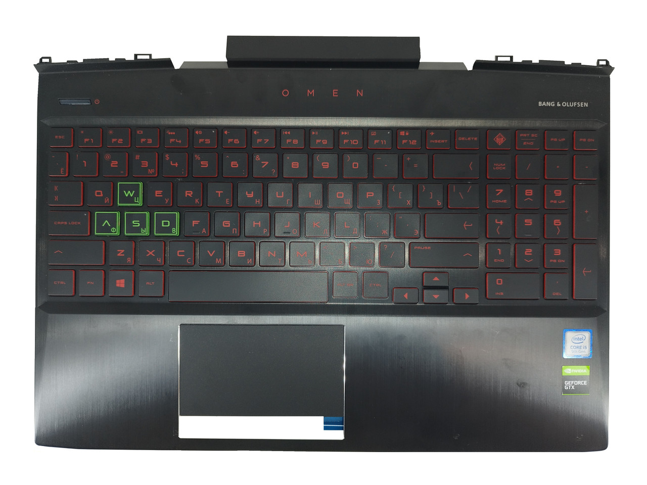 Верхняя часть корпуса (Palmrest) HP Omen 15-DC с клавиатурой, с подсветкой, с тачпадом, черный, RU (с разбора) - фото 1 - id-p185441278