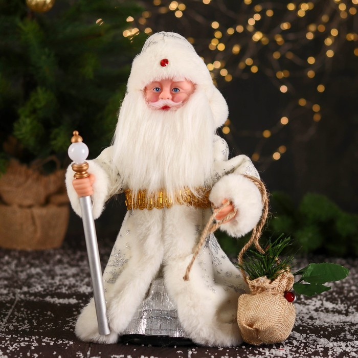 Дед Мороз "В белой шубке, с посохом и мешком" двигается, 12х28 см - фото 1 - id-p181225883